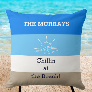 Blue Tan Stripes Family Name Beach House Cushion