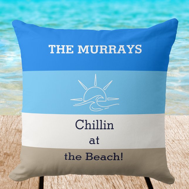 Blue Tan Stripes Family Name Beach House Cushion (Creator Uploaded)