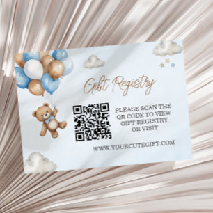 Blue Tan Teddy Bear Balloons Baby Registry QR Code Enclosure Card