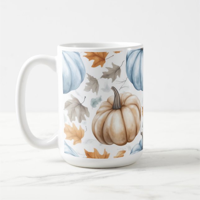 BLUE & TAN WATERCOLOR FALL AUTUMN PUMPKINS COFFEE MUG (Left)