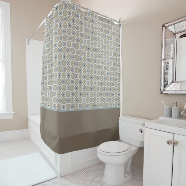 Blue, Tan, White & Brown Circles Squares Pattern Shower Curtain (In Situ)