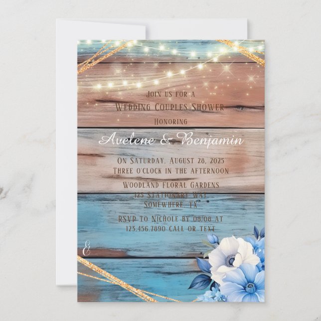 Blue Tan Wood Lights Floral Wedding Couples Shower Invitation (Front)