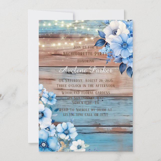 Blue Tan Wood Lights Florals Bachelorette Party Invitation (Front)