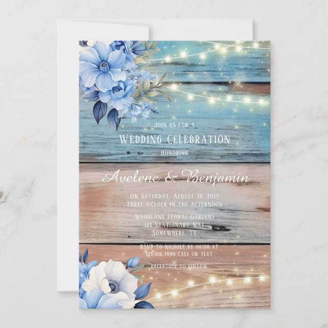 Blue Tan Wood Lights Florals Wedding Celebration  Invitation (Front)