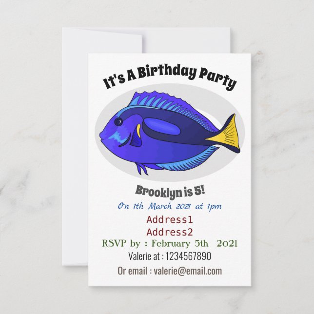 Blue tang fish cartoon illustration invitation (Front)