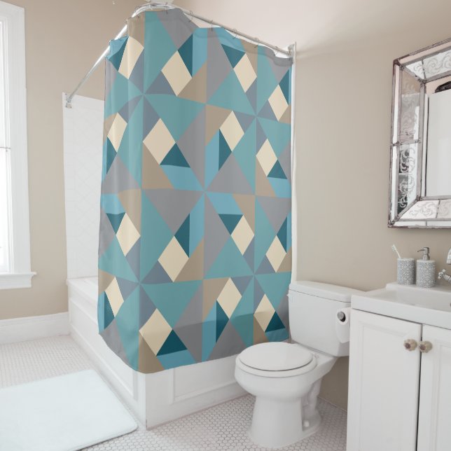 Blue Tangram Pattern Shower Curtain (In Situ)