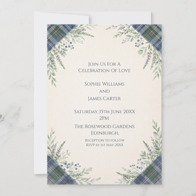 Blue Tartan Botanical Wedding Invitation (Front)