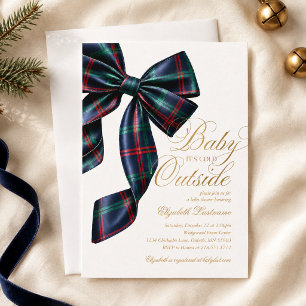 Blue Tartan Bow Winter Baby Shower Invitation