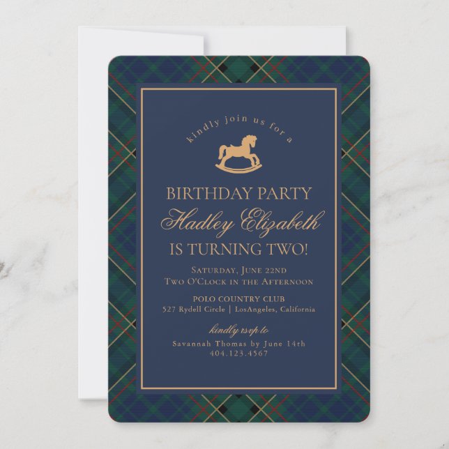 Blue Tartan Plaid Classic Rocking Horse Birthday Invitation (Front)