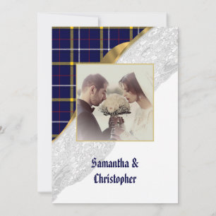 Blue tartan plaid lace wedding photo invitation