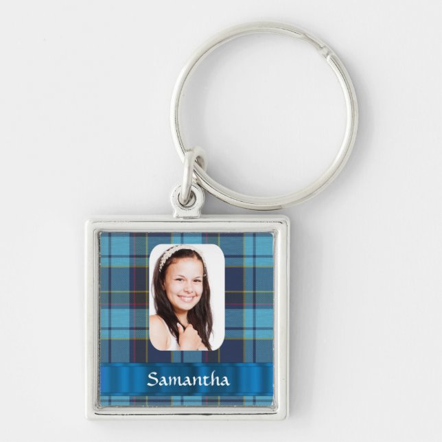 Blue tartan plaid photo template key ring (Front)