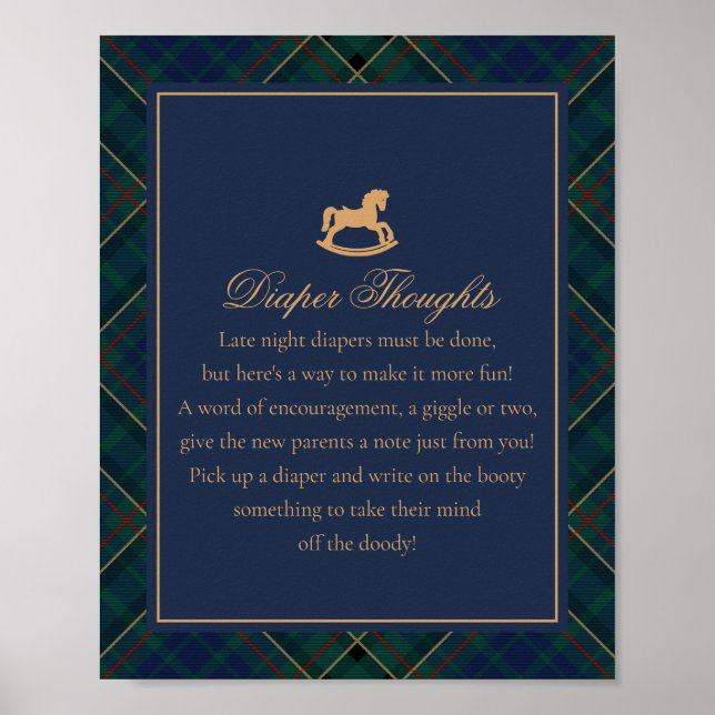 Blue Tartan Plaid Rocking Horse Diaper Thoughts Poster (Front)