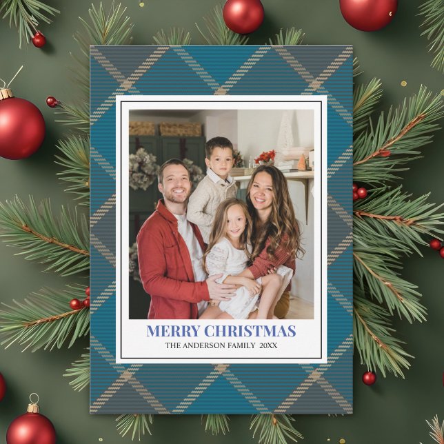 Blue Tartan Plaid with Christmas Family Photo Holiday Card (Creator Uploaded)