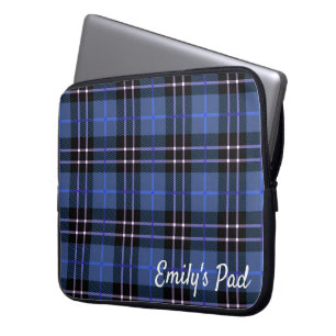 Blue Tartan Plaid With Name  Laptop Sleeve