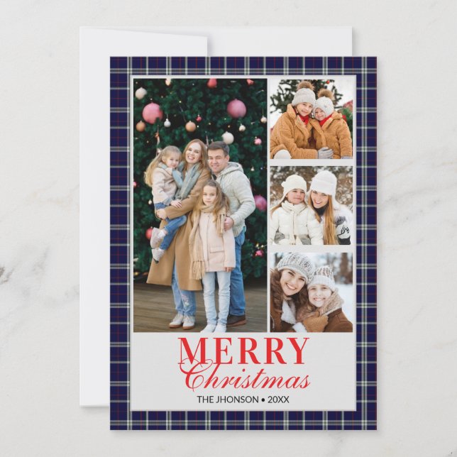 Blue Tartan Preppy Christmas Photo Collage Holiday Invitation (Front)