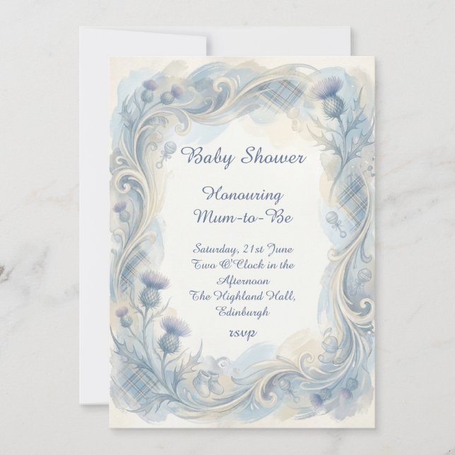 Blue Tartan Thistle Baby Shower Invitation (Front)