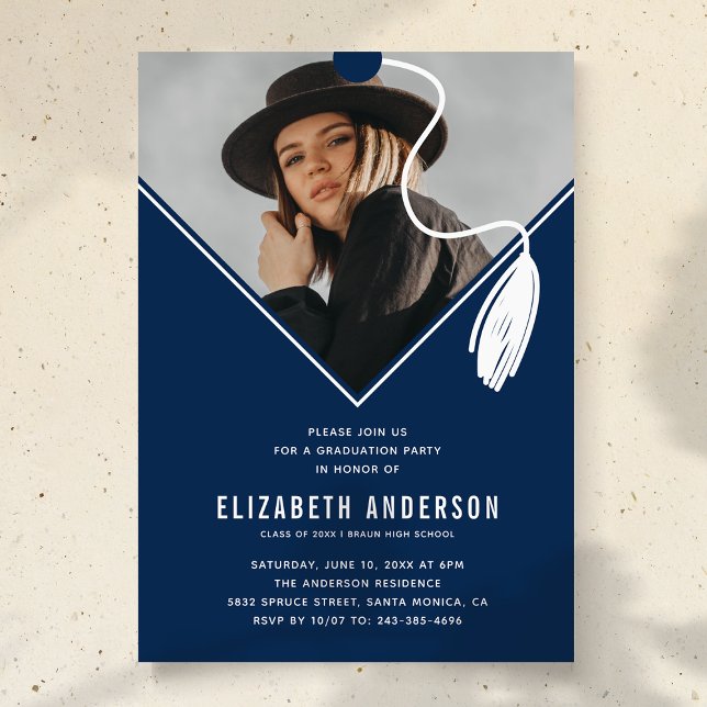 Blue Tassel Cap Photo Graduation Party Invitation (Creator Uploaded)
