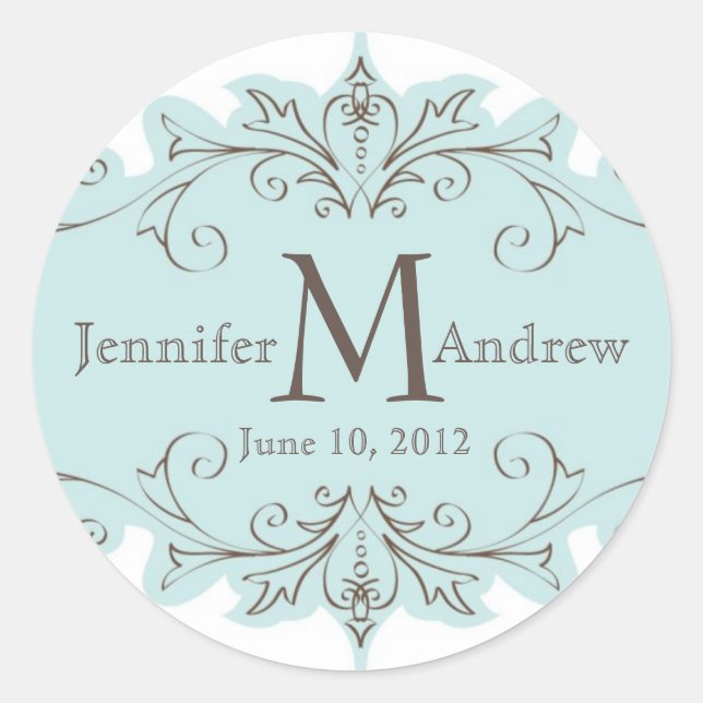 Blue Taupe Swirl Monogram Wedding Date Stickers (Front)