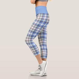 Blue Taupe Tartan Plaid Pattern Capri Leggings