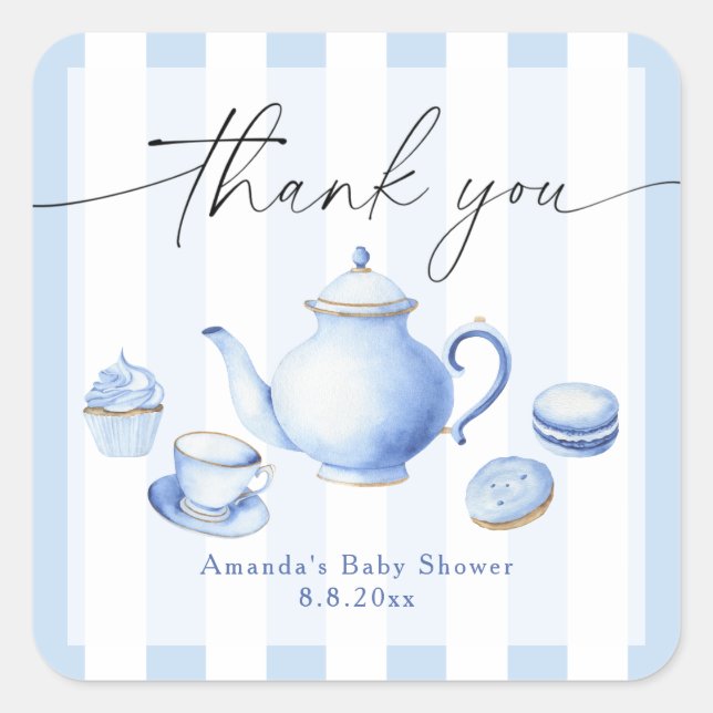 Blue Tea Party Baby Shower Thank you Square Sticker (Front)