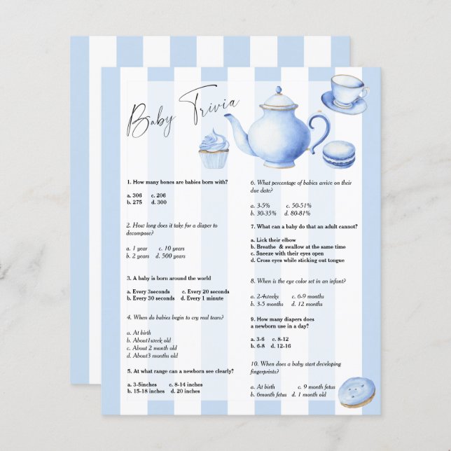 Blue tea party - Baby Trivia | Baby Shower Game (Front/Back)