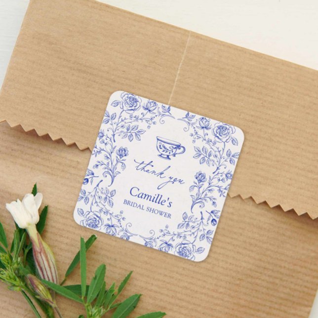 Blue Tea Party Bridal Shower Thank you Square Sticker (Blue Floral Toile Thank you Bridal Shower Sticker)