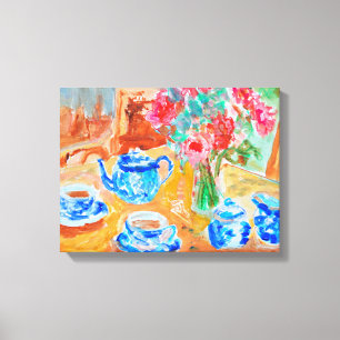 Blue Tea Set with Red Flowers Canvas Print