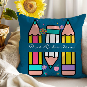 Blue Teacher Colourful Pencil Name Throw Pillow
