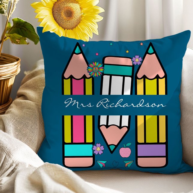 Blue Teacher Colourful Pencil Name Throw Pillow (Creator Uploaded)