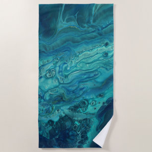 Blue Teal Acrylic Pouring Abstract Fluid Art Beach Towel