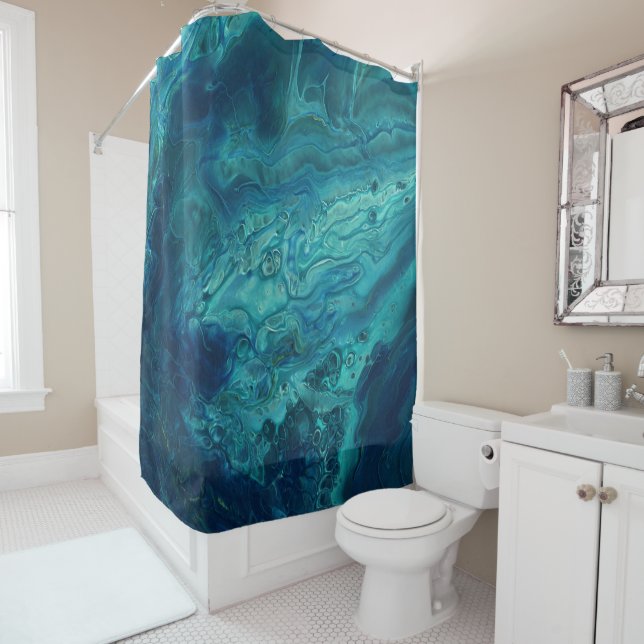 Blue Teal Acrylic Pouring Abstract Fluid Art  Shower Curtain (In Situ)