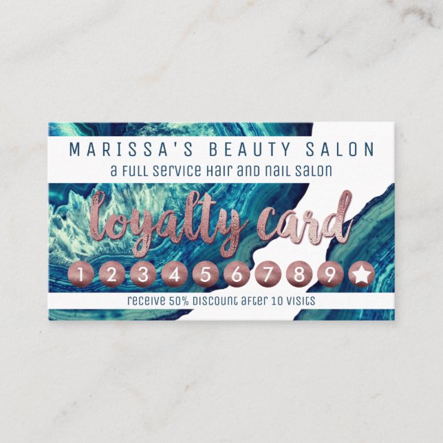 Blue Teal Agate Geode Stone Rose Gold Loyalty Card (Front)
