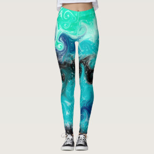 Blue, Teal and Black Fluid Art Marble Leggings
