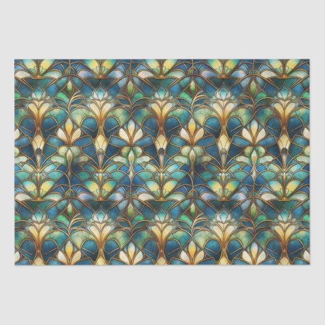 Blue, teal and Gold Peacock Stained Glass Tissue Paper (Front)
