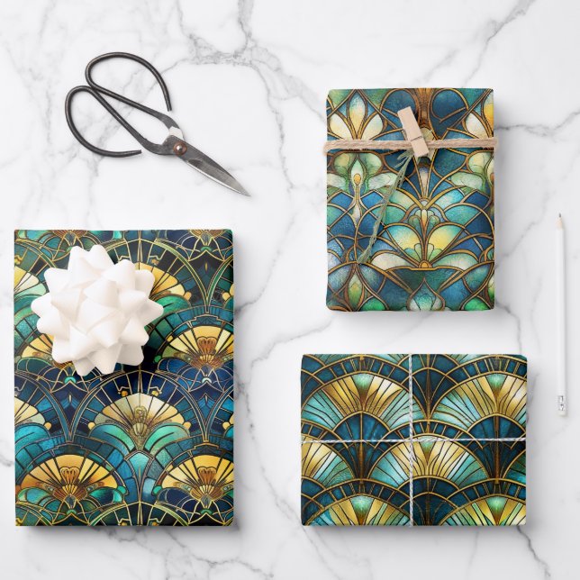 Blue, teal and Gold Peacock Stained Glass Wrapping Paper Sheet (Front)