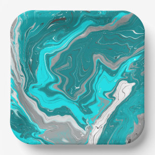 Blue, Teal and Turquoise Marble Fluid Art Paper Plate