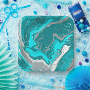 Blue, Teal and Turquoise Marble Fluid Art Paper Plate