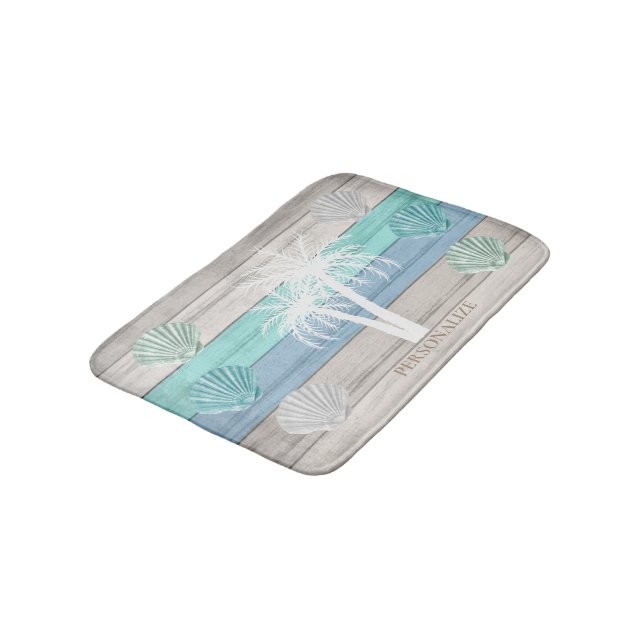Blue, Teal, and White Beach Wood / Seashells Bath Mat (Angled)