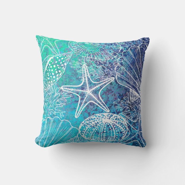 Blue Teal Aqua Starfish Seashells Sealife Coral Cushion (Front)