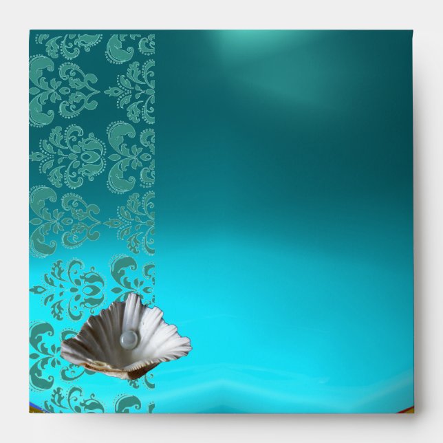BLUE TEAL AQUAMARINE DAMASK BEACH WEDDING MONOGRAM ENVELOPES (Front)