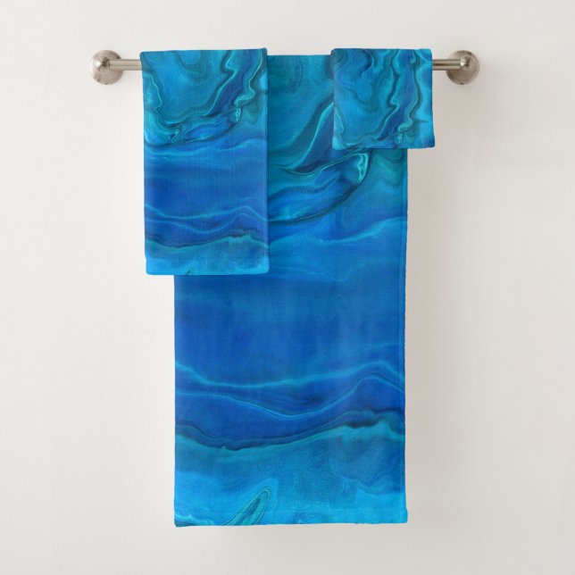Blue Teal Aquamarine Marble Acrylic Abstraction   Bath Towel Set (Insitu)