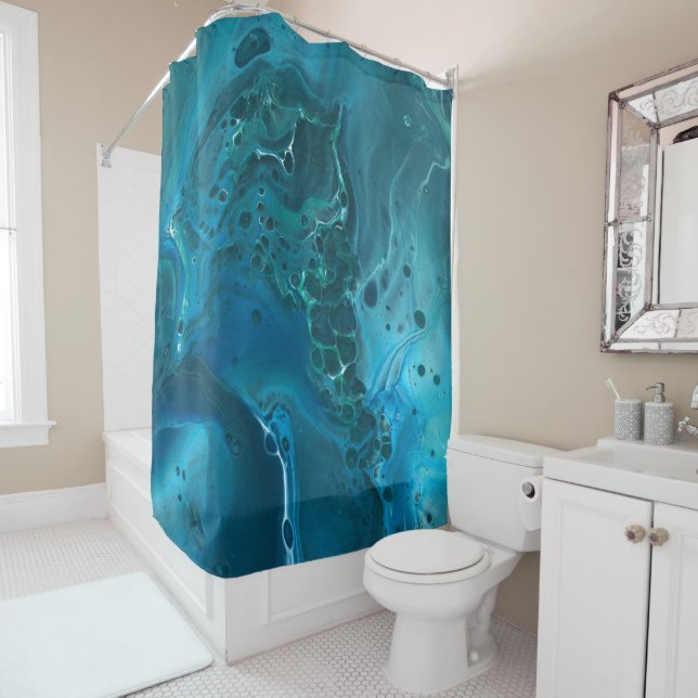 Blue Teal Aquamarine Marble Acrylic Abstraction Shower Curtain (In Situ)