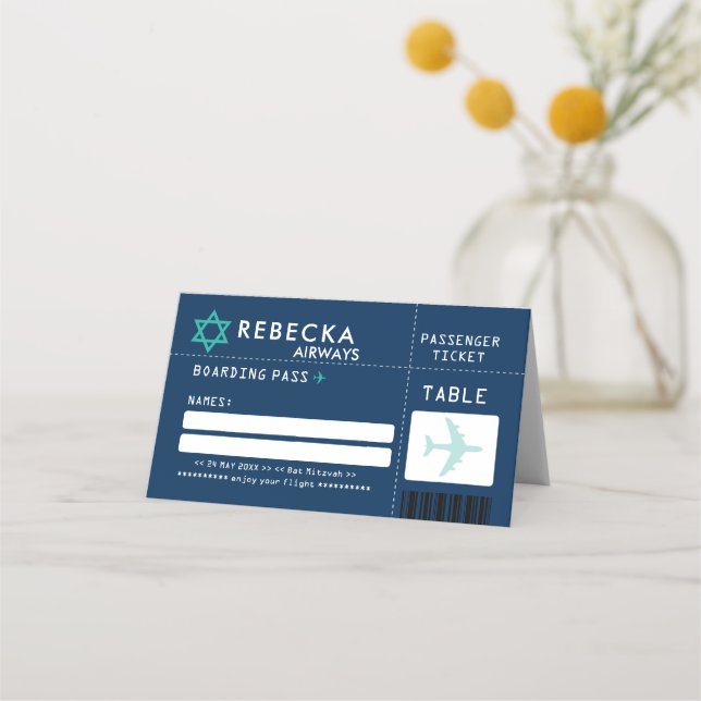 BLUE TEAL Bar Mitzvah Airline Ticket Place Card (Front)