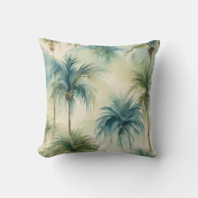 Blue Teal Beige Watercolor Palms Hawaiian Beachy Cushion (Front)