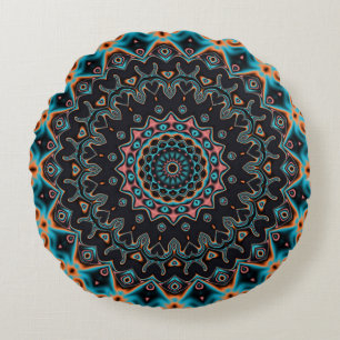 Blue Teal Black Pink Mandala Boho Pattern Round Cushion