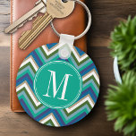 Blue & Teal Chevron Pattern with Monogram Key Ring<br><div class="desc">I love this colour combination,  and it is perfect for any woman. If you need to adjust the artwork,  click on the customise button and move things around.</div>