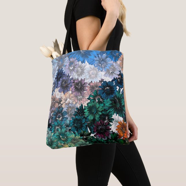 BLUE & TEAL CHRYSANTHEMUM FLORAL PATTERN TOTE BAG (Close Up)