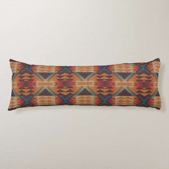 Blue Teal Dark Brown Beige Orange Red Tribal Art Body Cushion (Front)