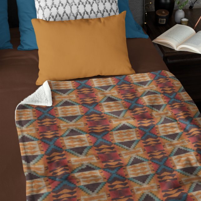 Blue Teal Dark Brown Beige Orange Red Tribal Art Fleece Blanket (Creator Uploaded)