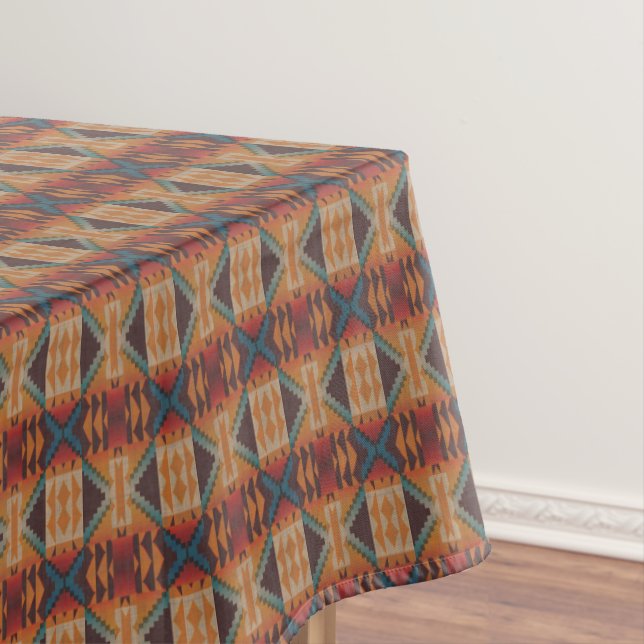 Blue Teal Dark Brown Beige Orange Red Tribal Art Tablecloth (In Situ)